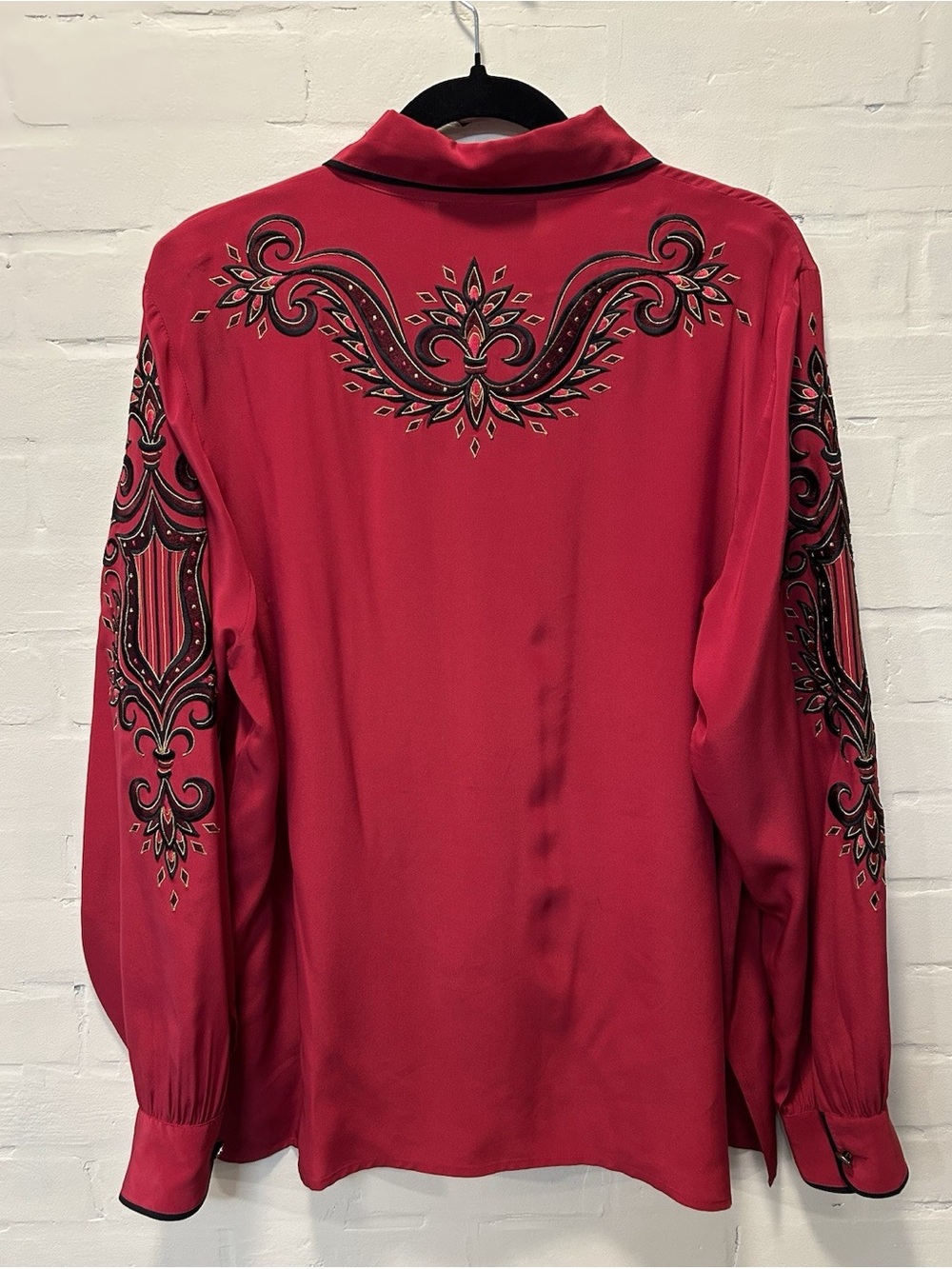 Bob Mackie Wearable Art Red 100% Silk Embroidered Blouse - Picture 5 of 7